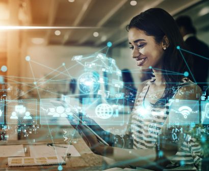 Internet, networking and digital transformation with woman and tablet for global communication, web